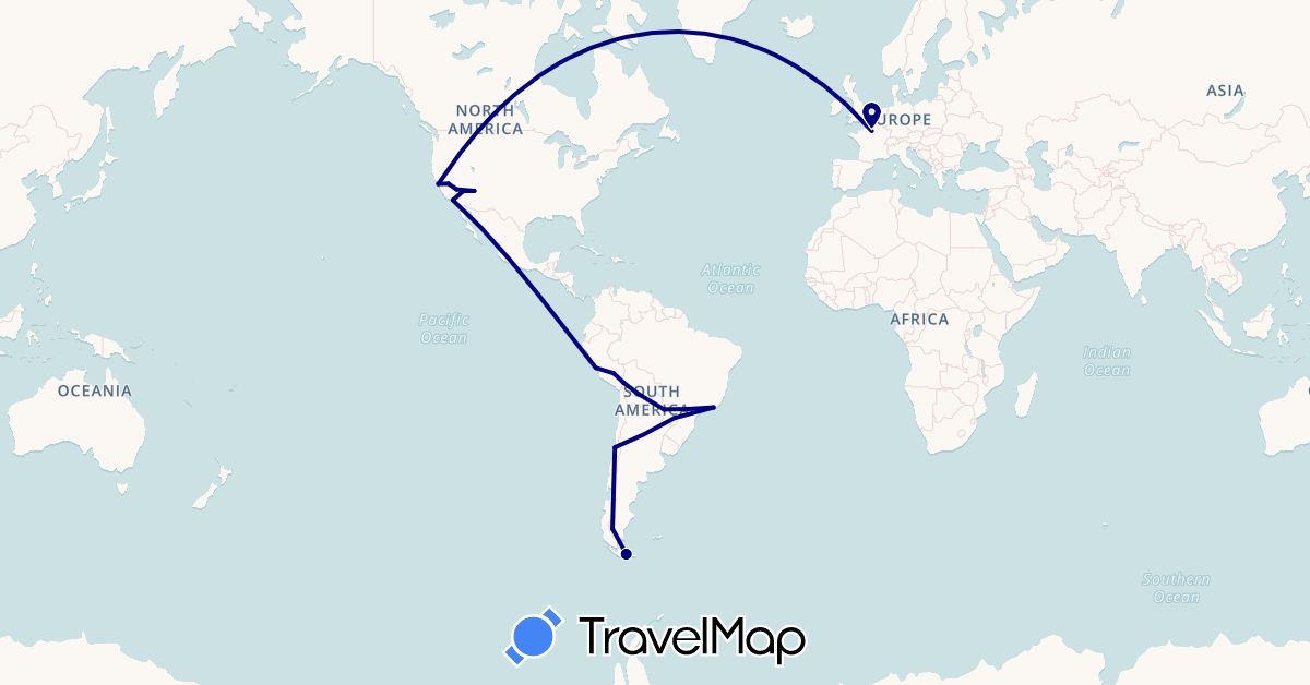 TravelMap itinerary: driving, bus in Argentina, Bolivia, Brazil, Chile, France, Peru, Paraguay, United States (Europe, North America, South America)